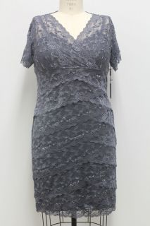 Marina Plus Size Beaded Cap Sleeve Lace Tiers Evening Cocktail Dress