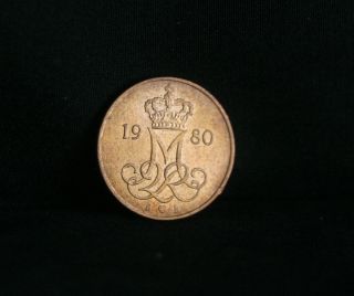 Copper World Coin KM859 2 Crowned Miir Monogram Margrethe II