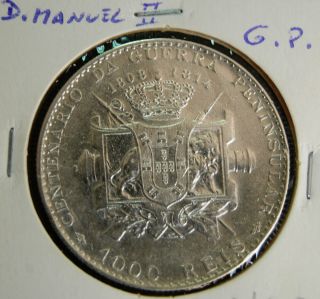 Portugal D Manuel II 1000 Réis 1910 Guerra Peninsular Silver