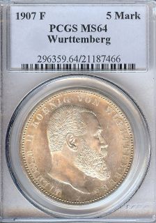 Germany Wurttemberg 1907 F 5 Mark Taler Coin Thaler NGC MS64 Dav 964