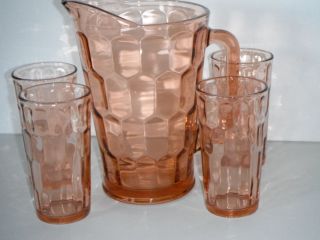 Vintage Crisa Pink Thumbprint Honeycomb Glass Pitcher 4 Tumblers