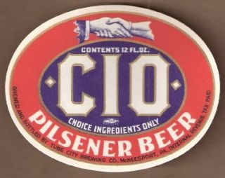 CIO Pilsner Beer Label Tube City McKeesport PA IRTP