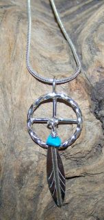 Necklace Pendant Medicine Wheel with Turquoise Stone Sterling Silver