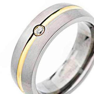 Strip Inlay Brushed Dome Top Titanium Band CZ Mens Wedding Ring