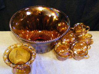Vintage Carnival Glass Harvest Grape Merigold 14 P Punch Bowl Set Free