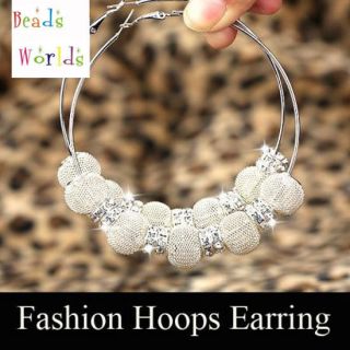 Silver Basketball Wives Mesh Ball Beads Hoop Earrings w Rhinestone
