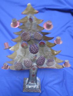 Mexico Mexican Tin Candle Holder Christmas Tree Folk Art Grapes Figs