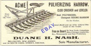 1898 Acme Harrow Leveler Ad Duane Nash Millington NJ
