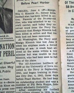 Iowa Hawkeyes Nile Kinnick WWII Killed 1943 Newspaper