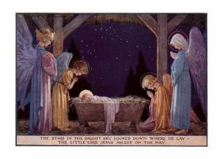 Angels at Manger of Baby Jesus   Christmas Card 6 Cards Individually