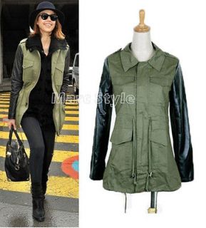 Woman Military Army Green Contrasting Black PU Faux Leather Sleeved