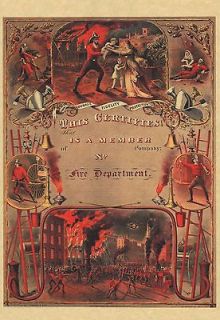 1800s FIREFIGHTER DEPARTMENT MEMBERSHIP POSTER FIREMAN CERTIFICATE NEW