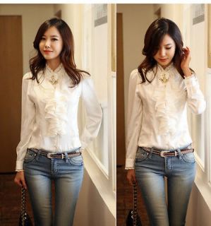 Womens elegant Clothes Gray Ruffle Front Lace Collar Top Shirt Blouse