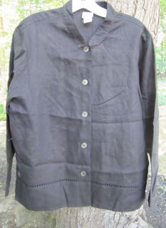 GARNET HILL Black 100% Linen Button Blouse Shirt Top 10 P Petite