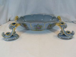Vintage Abingdon Pottery Console and Matching Candle Holders Blue