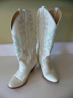 6M Cowboy Boots Cream Southwestern Womens Rodeo Stitched Leather Teal