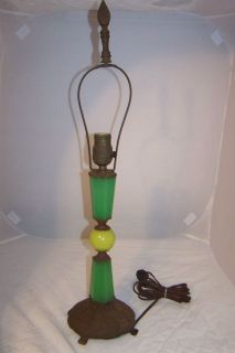Antique Bronze and Jadeite/Agate Glass Green & Yellow Art Deco Lamp