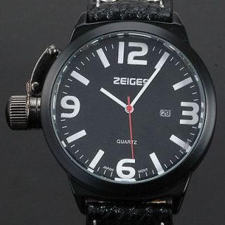 All Black COOL Navy Type Canteen Military Men Quartz Watches Leather