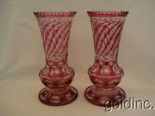 Great Pair Antique VAL ST LAMBERT Cranberry Cut To Clear Vases No