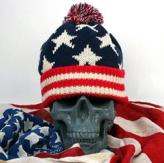 NEW AMERICAN STARS AND STRIPES USA FLAG BOBBLE KNITTED UNIF BEENIE