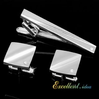 PLAIN ENGRAVABLE STAINLESS STEEL SQUARE SILVER CRYSTAL CUFF LINKS TIE