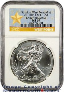 2013 (W) Silver Eagle Struck at West Point Mint NGC MS69 ER STAR LABEL