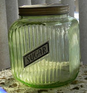 Old Ribbed Hoosier Vaseline Sugar Canister Jar  Anchor Hocking