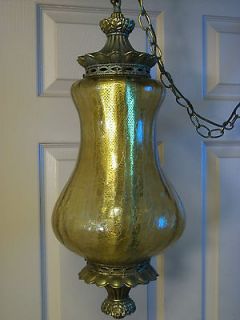 Vintage FALKENSTEIN Swag Lamp~Yellow/Amber Crackle Glass Globe & Metal