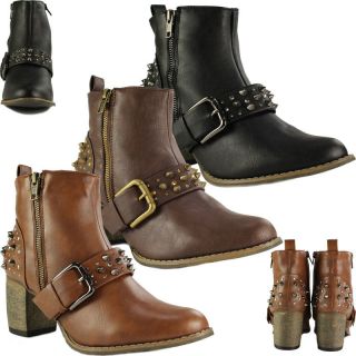 Leather Style Low Cuban Heel Stud Western Biker Riding Ankle Boots