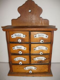 Antique Wooden German Seven Drawer Spice Cabinet Rack Porcelain Labels