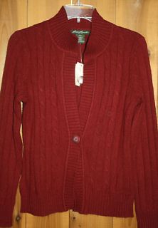 Eddie Bauer V Neck Stand Up Collar Cable Knit Sweater Single Button