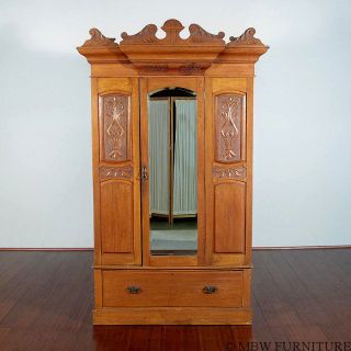 Antique English Victorian Golden Oak Armoire Wardrobe Closet Circa