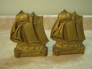 /Clipper SHIP BOOK ENDS Bookend ANTIQUE GOLD PAINTED w/Metal Slide