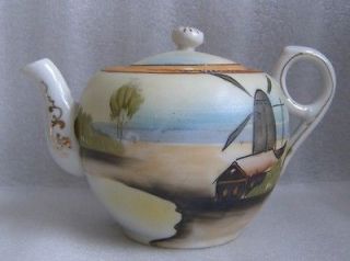 ANTIQUE JAPANESE HAND PAINTED WINDMILL SCENIC NIPPON TEAPOT SIGNED