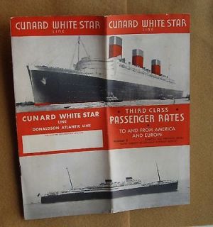 Cunard White Star Line Third Class Rates To/From America Europe 1939