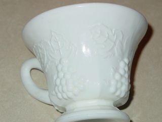 Vintage White Milk Glass Cup with Grape and Leaves Pattern