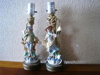 Vintage Brass Base Lamp Set Pair W/ Bisque Porcelain Figurines Besides
