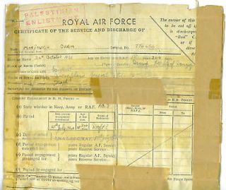 GB UK ARMY RAF PALESTINE DISCHARGE CERTIFICATE WW2 1940