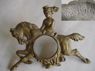 19C. ANTIQUE METAL CLOCK FRAME WOMAN RIDING HORSE