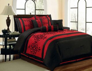 11 Piece King Catherine Flocking Black and Red Bed in a Bag Set