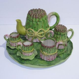 Miniature Asparagus Child Tea Set Green Pink Doll Play House Party