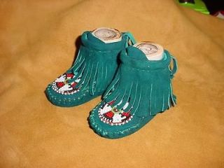 NATIVE AM TURQ DEER BEADED BABY MOCCASINS SZ 0 TO 4 NOW W/ HAND