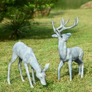 Pair Verdi Green Verdigris Aluminum Garden Deer Statue Sculpture
