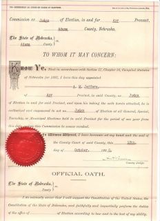 1898 Adams Co Nebraska Document   Election Judge, Jeffers, Ayr