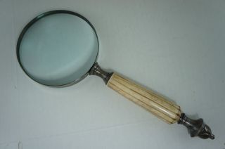 VINTAGE SILVER TONE LARGE MAGNIFYING GLASS CARVED OX BONE FAUX IVORY