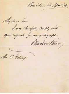 Woodrow Wilson, signed autographed request letter, April 28, 1909