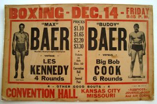 1934 MAX BAER v LES KENNEDY Exhibition Poster As Heavyweight Champ Of