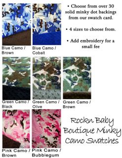 Custom Minky Camo Baby Blanket   You choose color backing   Embroidery