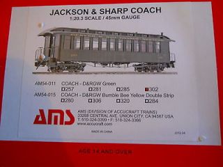 ACCUCRAFT /AMS AM54 011 D&RGW #302 GREEN JACKSON & SHARP CAR 120.3