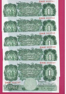 UNC FIVE CONSECUTIVE BANK of ENGLAND LESLIE.K.OBRIEN 1955 62 ONE POUND